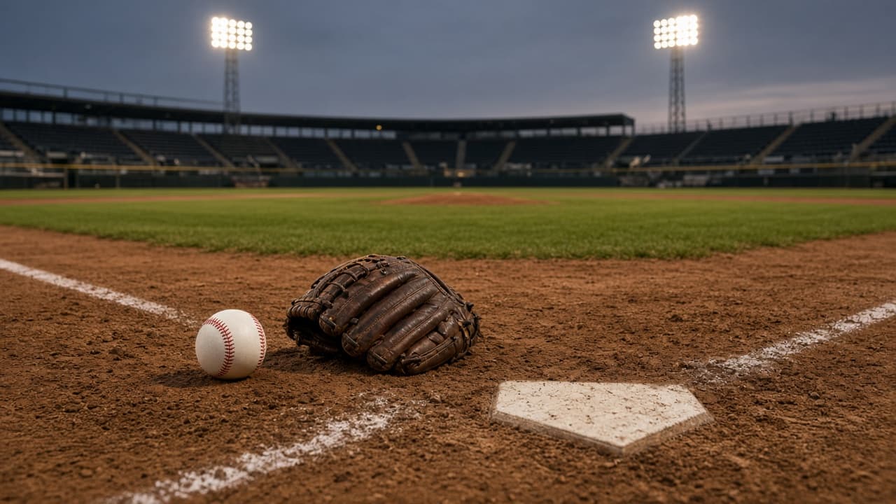 A baseball and glove beside home plate at dusk