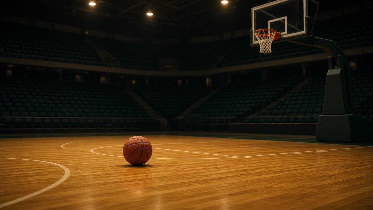 A basketball on a hardwood court in an empty gym