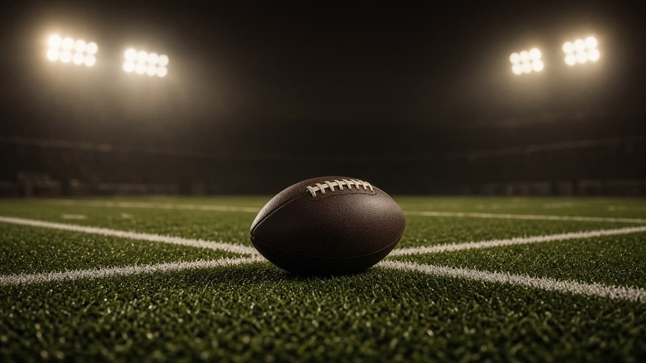 An American football on the turf under stadium lights