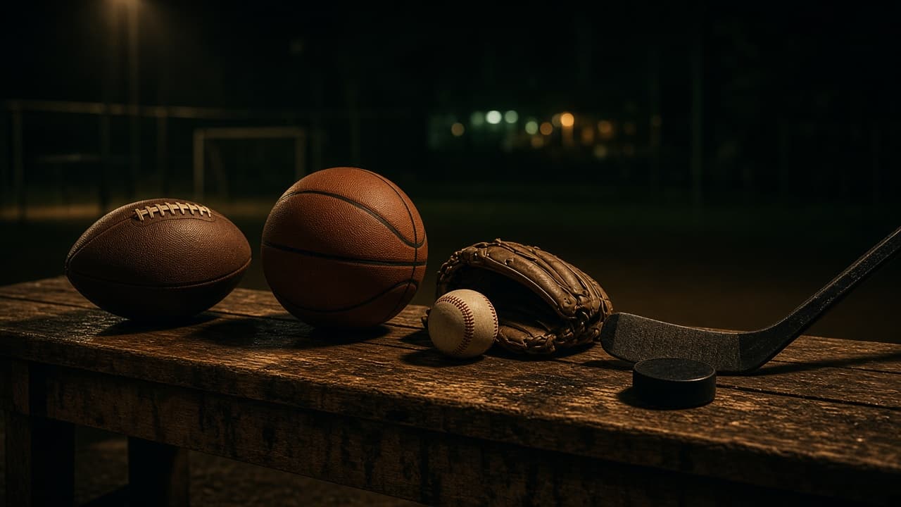 A football, basketball, baseball glove, and hockey stick on a bench at night