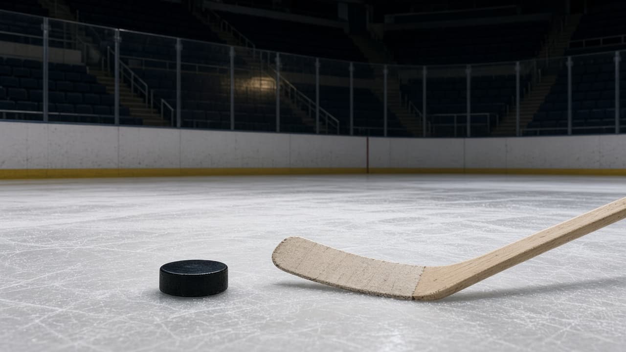 A hockey puck and stick on the ice in an empty arena